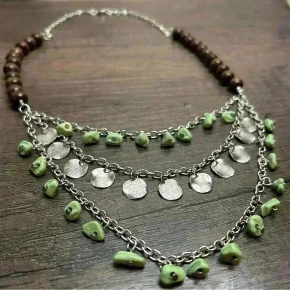 Three Strand Beaded Rocks and Silver Tone Charms Statement Necklace - Picture 1 of 2